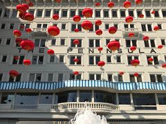 01A The Peninsula Hotel Hong Kong with red Chinese lanterns and the entrance fountain